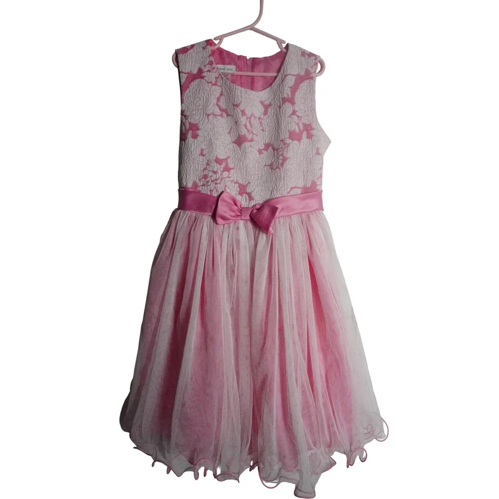 Bonnie Jean Sleeveless Party Dress Size 12 Floral Jacquard Tulle Pink White